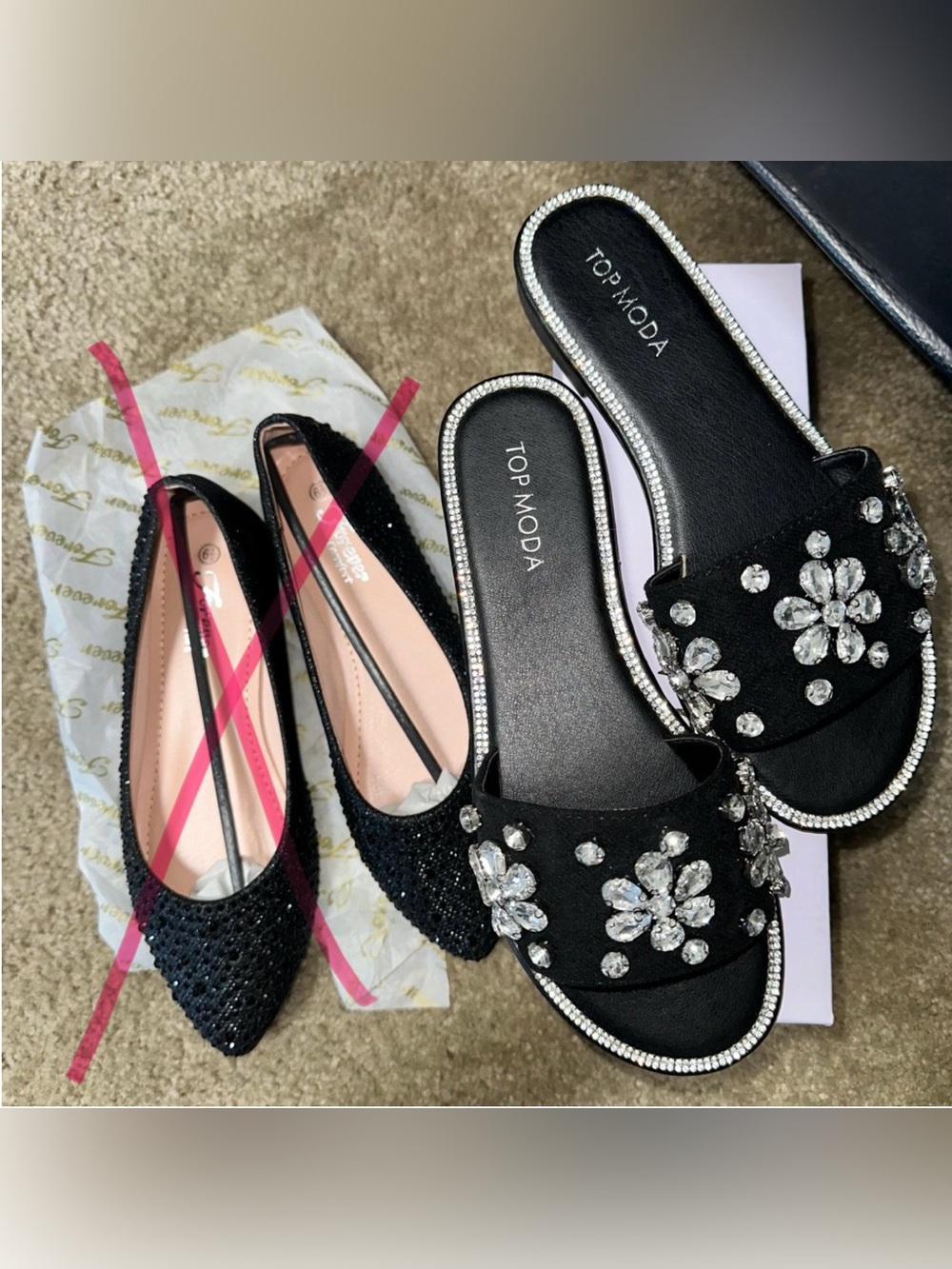 Top Moda Black Rhinestone Sandals